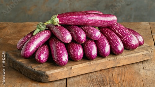 Freshly harvested purple eggplants arranged on a wooden cutting board in a ru...