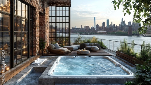Modern balcony with pool overlooking city skyline and green landscape in sunn...