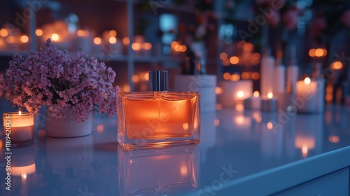 Elegant floral display with perfume bottles and candles during sunset