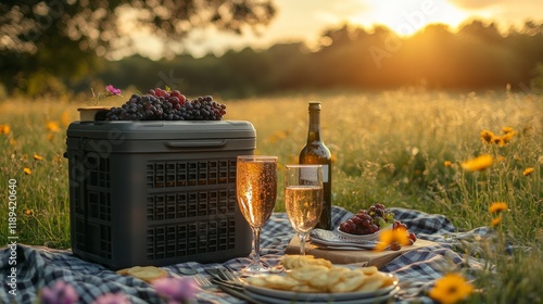 Picnic basket filled with fresh food and drinks in a sunny flower-filled park