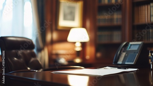 Wallpaper Mural Executive Office Ambiance: A plush leather executive chair sits at a rich mahogany desk in a dimly lit, sophisticated office. The warm glow of a table lamp illuminates paperwork, a telephone. Torontodigital.ca