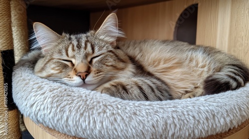 Cozy tabby cat peacefully sleeping in a soft bed at home