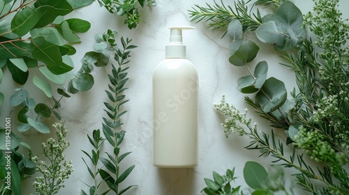 Bottle of lotion surrounded by fresh green leaves on a light green background