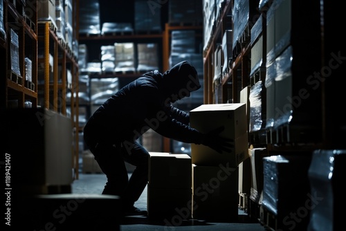 A person sits or stands amidst various boxes and containers in a dimly lit room