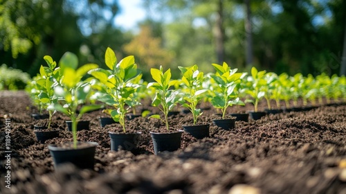 Young plants are thriving in a neat row in a garden under bright sunlight