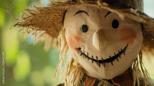 A close-up view of a scarecrow wearing a hat, suitable for use in illustrations or designs related to farming, rural life, or Halloween photo