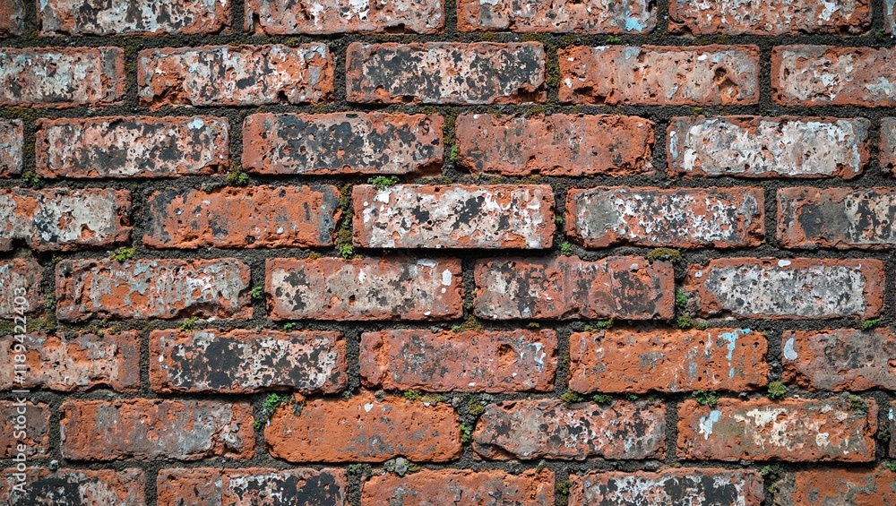 Weathered brick wall with unique chipped bricks dark rain streaks and faint moss traces Weathered brick wall with unique chipped bricks dark rain streaks and faint moss traces