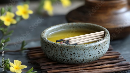 Bamboo incense sticks releasing fragrant smoke from a decorative pot in a qui...