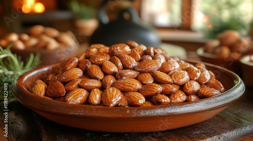 Almonds displayed in a rustic clay bowl on a wooden surface with pottery in t...