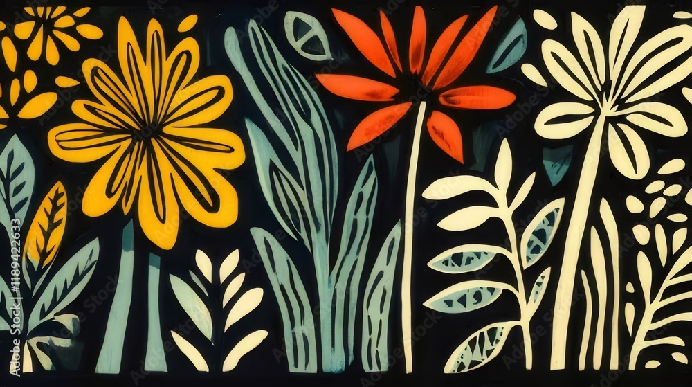 Vibrant floral pattern with stylized flowers and leaves on dark background. Vibrant floral pattern with stylized flowers and leaves on dark background.
