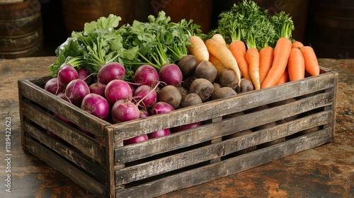 Fresh colorful vegetables organized in a wooden crate at a local market