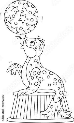 Funny seal balancing on a striped podium and playing with a big beautiful ball in an amusing acrobatic circus performance, black and white outline vector cartoon illustration for a coloring book