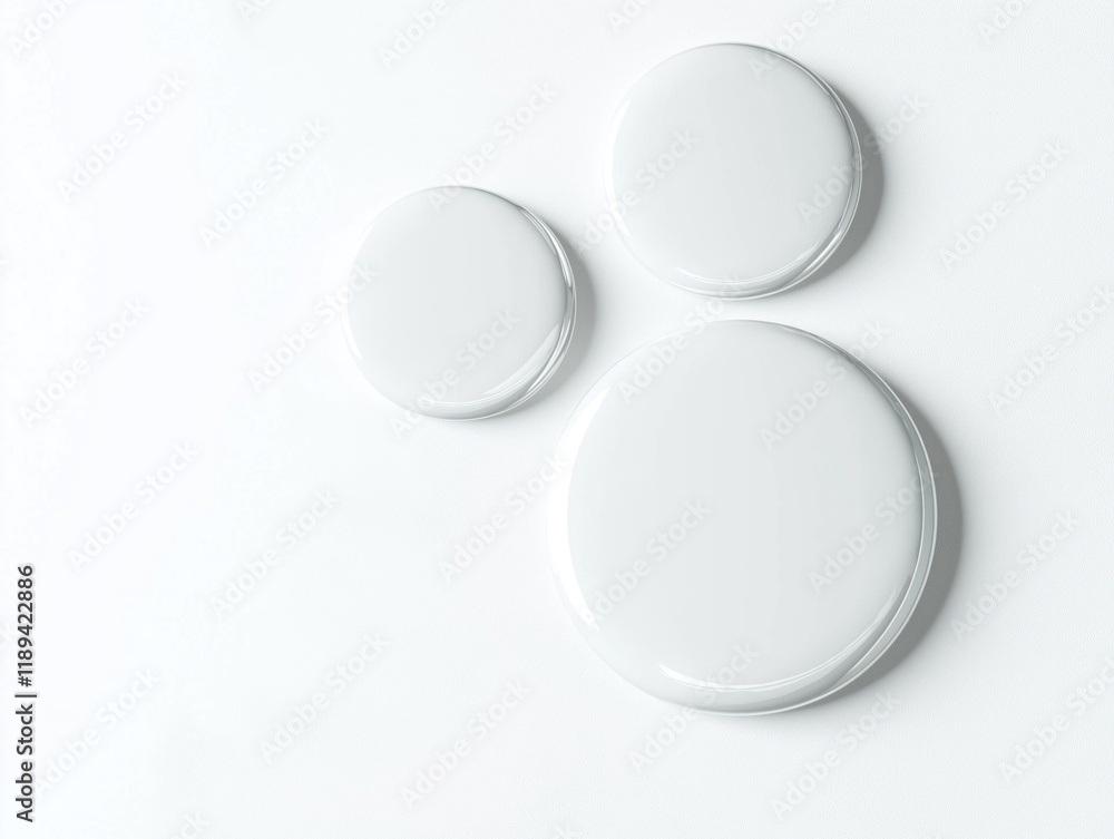 Three glossy white round badges displayed against plain white background. Empty badges. Modern, clean design. Suitable for design templates. Versatile design tool. Illustration for advertising Three glossy white round badges displayed against plain white background. Empty badges. Modern, clean design. Suitable for design templates. Versatile design tool. Illustration for advertising