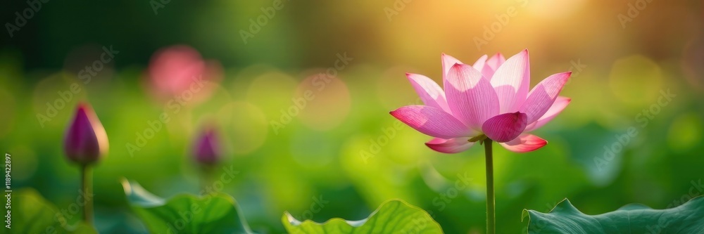 Soft pink lotus stem rising through the reeds in sunlight, botanical, nature, serene landscape Soft pink lotus stem rising through the reeds in sunlight, botanical, nature, serene landscape