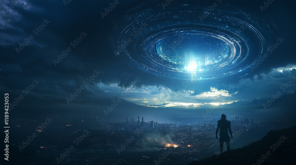Fototapeta premium A lone figure watches a futuristic spaceship descend over a sprawling city at night. The scene is dark and mysterious, with a sense of wonder and anticipation.