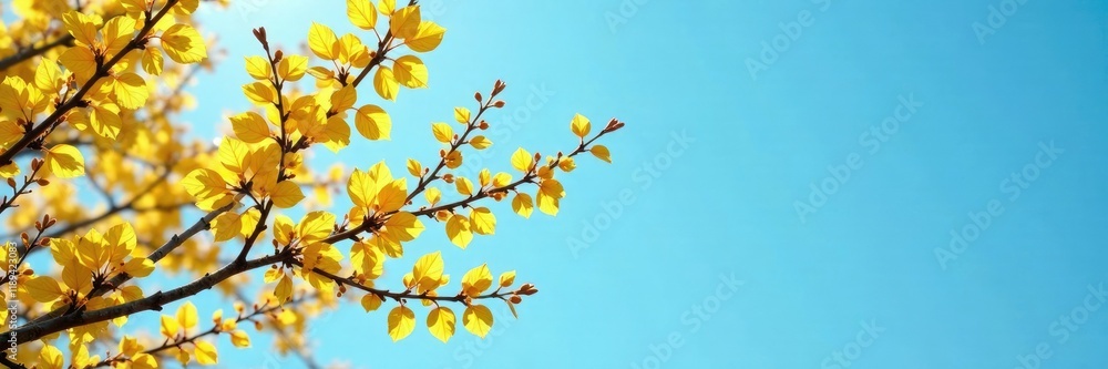Soft twigs of forsythia branches against a bright blue sky, nature, blue sky Soft twigs of forsythia branches against a bright blue sky, nature, blue sky