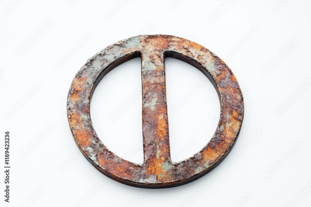 A rusty, circular metal object with a vertical bar A rusty, circular metal object with a vertical bar
