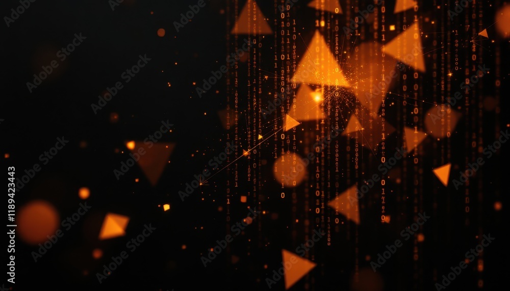 Naklejka premium Abstract orange geometric shapes and binary code on dark background