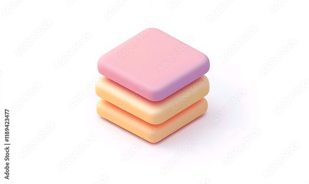 Stacked pastel square shapes, 3D render.