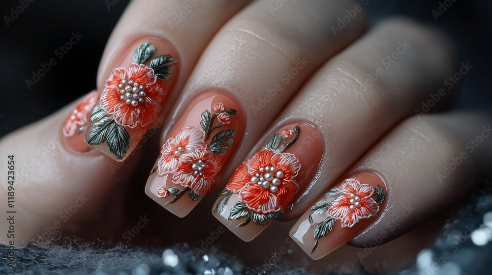 Intricate Floral Nail Art Design: Peach and Orange Embroidery on Nails Intricate Floral Nail Art Design: Peach and Orange Embroidery on Nails