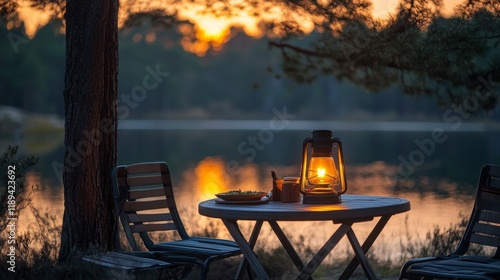 Tranquil lakeside evening with a lantern and camping chair beside calm water