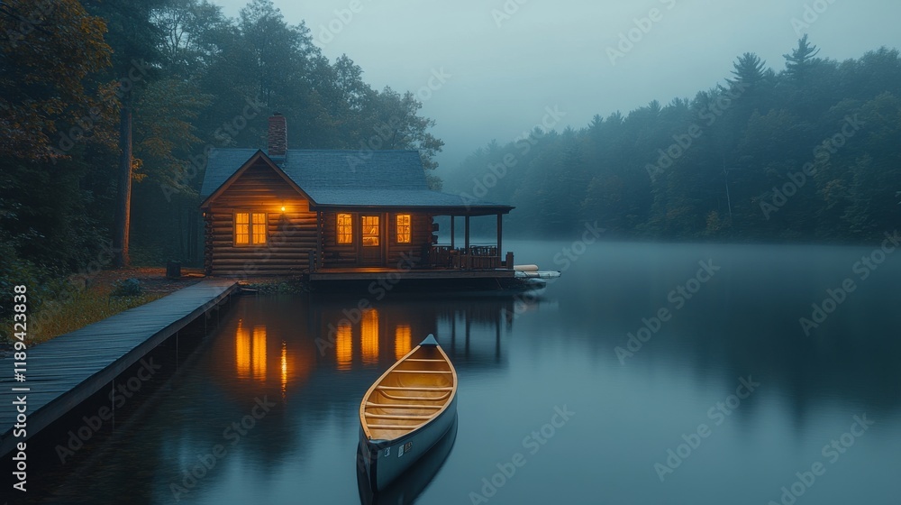 Fototapeta premium Cozy wooden cabin by tranquil lake surrounded by lush forest in early morning light