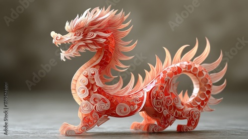 Vibrant red paper dragon art with intricate details and floral elements