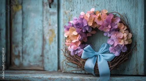 Colorful decorative wreath made of fabric and twigs in a modern rustic setting