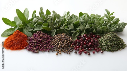 Variety of dried herbs and spices arranged on a textured surface for culinary...
