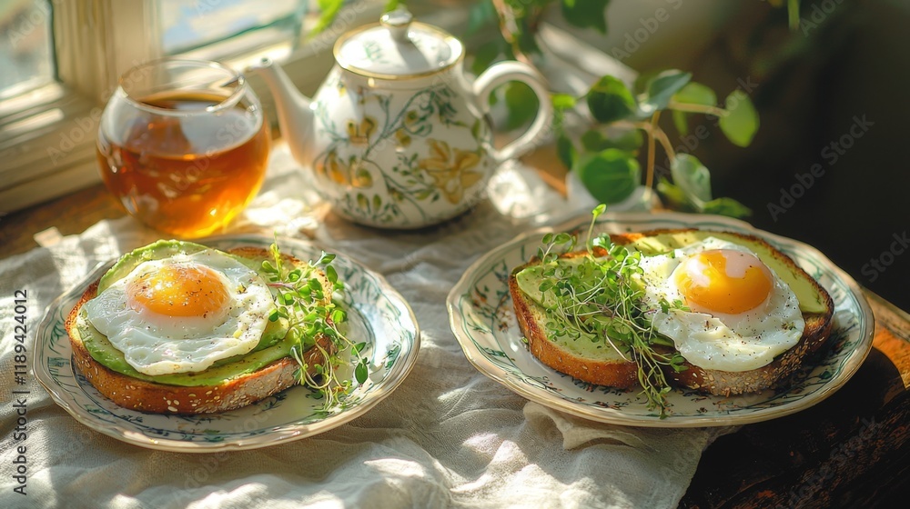 Cozy brunch with avocado toast poached eggs and tea Cozy brunch with avocado toast poached eggs and tea