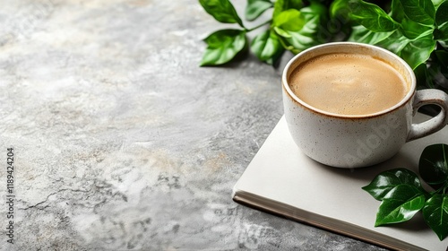 Cozy workspace with coffee, plant, and reading materials on a rustic wooden t...