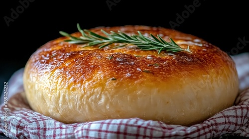 Freshly baked loaf of bread topped with rosemary on a wooden cutting board in...