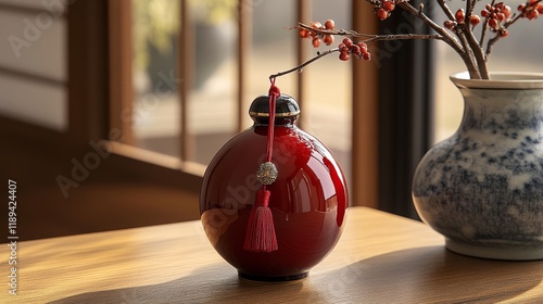 Elegant red ceramic vase with decorative tassel and branch on wooden table in...