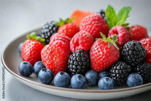 Delicious dessert with fresh berries and creamy panna cotta served at a gourm...