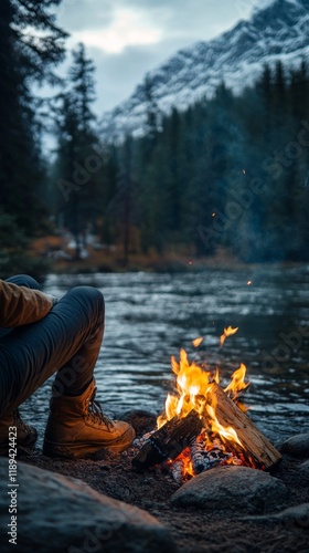Tranquil evening by the lake with a campfire and mountain backdrop near a ser...
