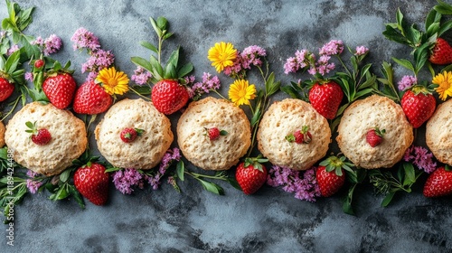 Freshly baked strawberry scones on a rustic plate with flowers and strawberries