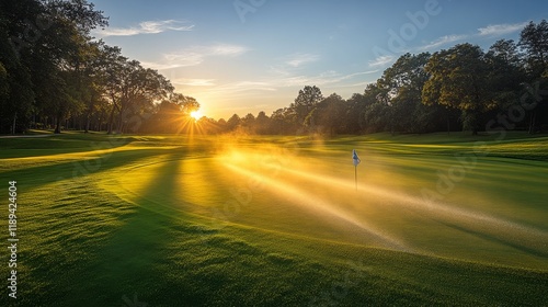 Beautiful sunset over a golf course with a flag in the foreground