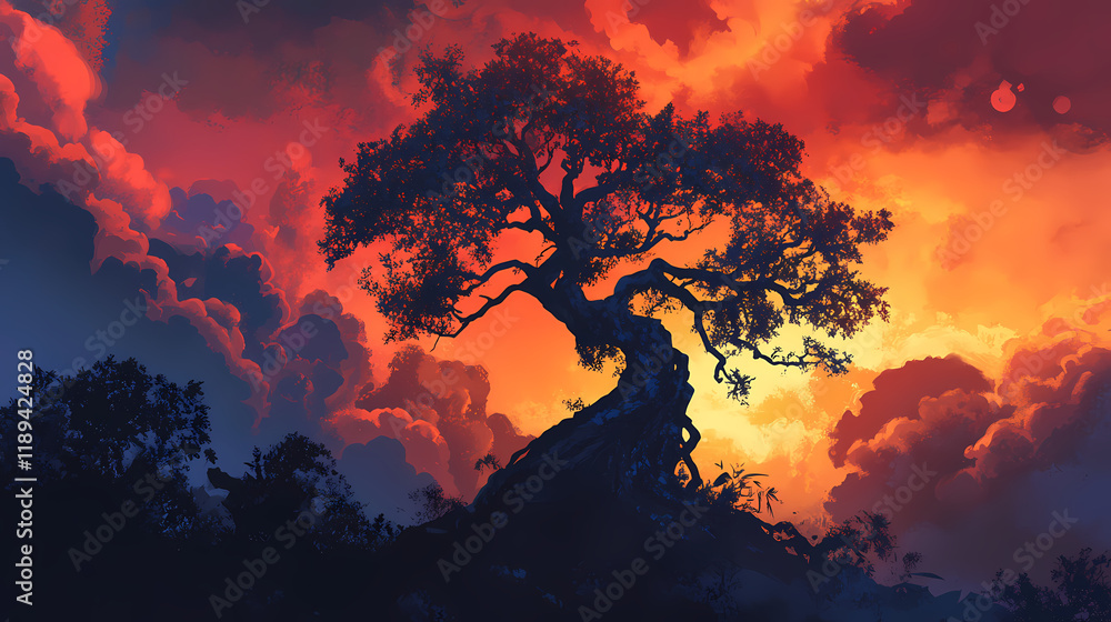 A striking silhouette of a gnarled tree against a vibrant sunset, highlighting dramatic colors and the beauty of nature. Duskfall. Illustration A striking silhouette of a gnarled tree against a vibrant sunset, highlighting dramatic colors and the beauty of nature. Duskfall. Illustration