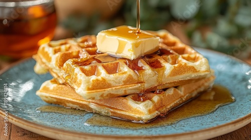 Delicious waffles topped with butter and syrup placed on a blue plate