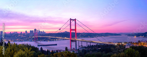 Photography Stunning Pink Sunset over Istanbul Bosphorus Bridge