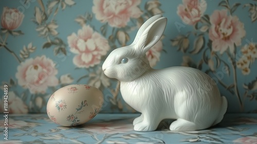 White rabbit and decorative egg beside model during springtime celebration