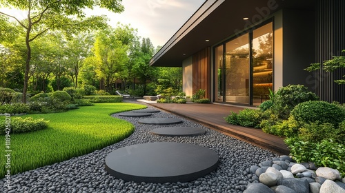 Stylish garden design featuring stone path and modern house in serene landsca...