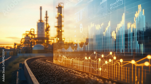 Biofuel Refinery Processing Raw Materials into Renewable Fuel with Energy Market Graphs Reflecting Economic Impact and Pricing Trends