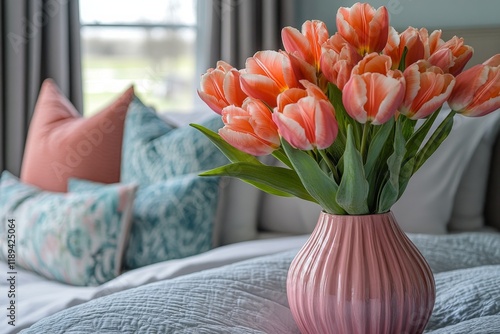 Bright pink tulips in a vase on a soft bedspread in a cozy room with warm sun...