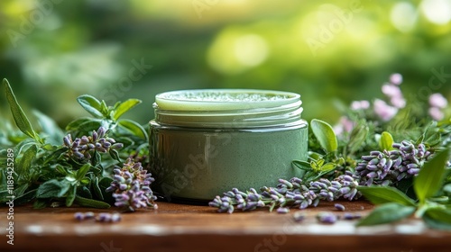 Cream in glass jar surrounded by fresh herbs placed on wooden table in a cozy...