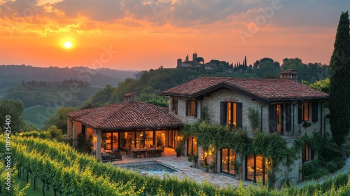 Charming countryside villa at sunset with vibrant gardens and lush vineyards ...