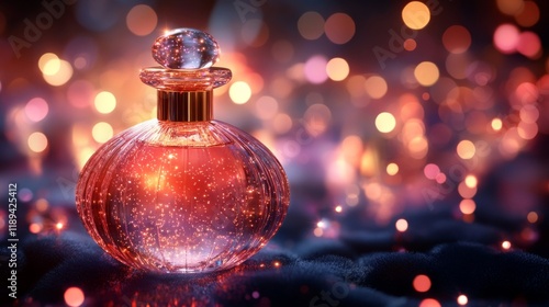 Elegant glass perfume bottle with warm amber liquid set against soft blurred ...