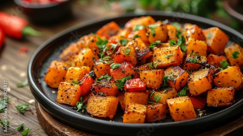 Delicious roasted butternut squash served with fresh herbs on a black plate