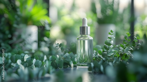 Natural essential oil bottle surrounded by green eucalyptus leaves on a dark ...