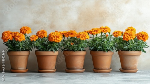 Colorful marigold flowers in clay pots displayed on a wooden shelf at a garde...